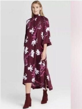 New Prologue Floral Mock Tie Neck Long Dress